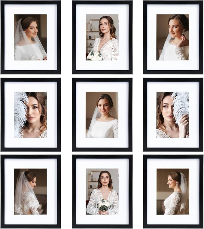 8x10 Picture Frame Set of 9, Display Pictures 5x7 with Mat or 8x10 without Mat, Multi Collage Gallery Square Photo Frames for Wall or Tabletop, Black