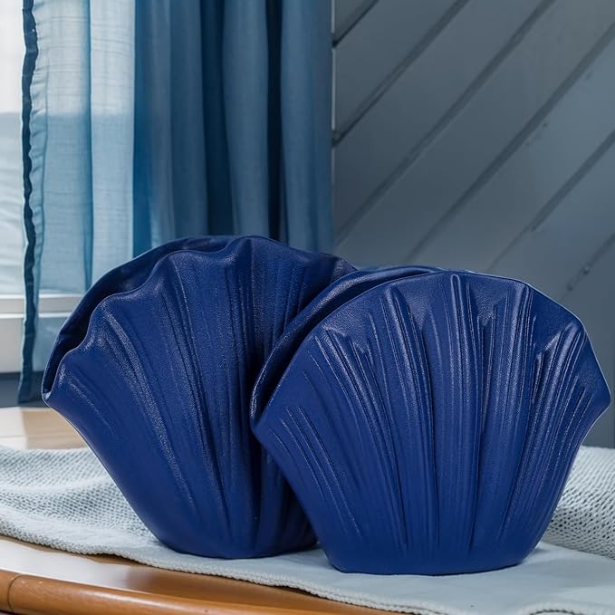 Shell-Shaped Vase for Living Room Decor, Ceramic Vases for Modern Home Decor, Unique Vase for Farmhouse Decor, Aesthetic Room Decor, Nordic Decor, Shelf Decor, Centerpiece Table Decor (Blue)