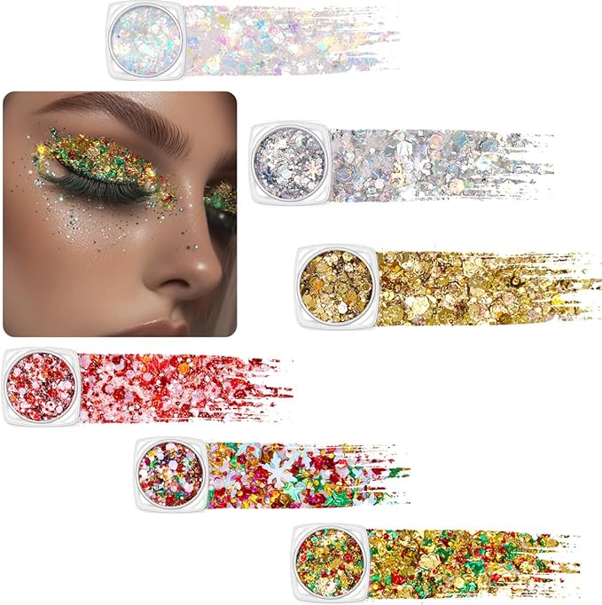 Christmas Body Glitter Red Face Glitter Colorfu Hair Glitter Gel Gold Face Paint Rave Makeup Glitter Festival Face Gems 6 Shapes Chunky Glitter Gel for Women Girls