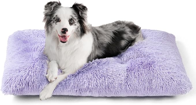 EHEYCIGA Fluffy Dog Crate Bed for Large Dogs, Plush Faux Fur Pad, Purple | Calming Anti Anxiety Large Dog Crate Bed, Washable Soft Warm Mat with Non-Slip Bottom