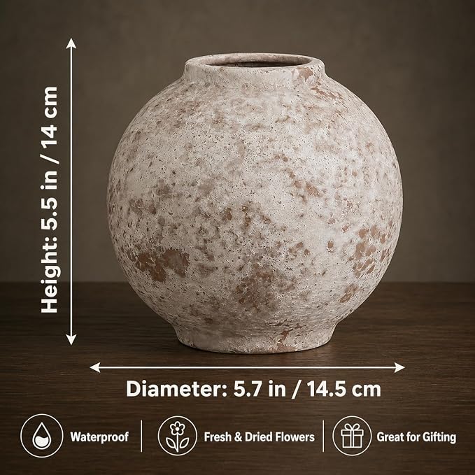 Ceramic Flower Vase, 5.5 Inch Round Textured Vase for Home Decor | Handmade ceramic vase with unique textured design, perfect for living room shelves, tables, centerpieces and farmhouse decor.