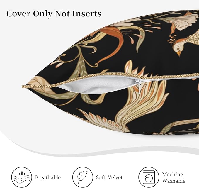 Flowers Birds Velvet Pillow Covers 20x20 Inch Vintage Floral Black Throw Pillows for Couch Farmhouse Cushion Covers Pillowcase Retro Rustic Pillow Cases for Sofa Bed Living Room Outdoor