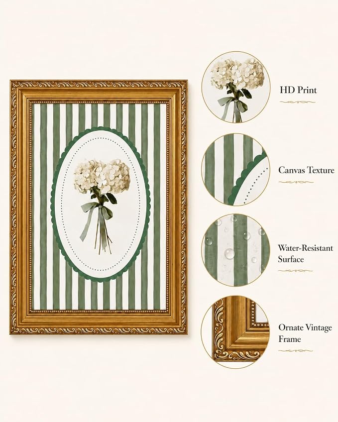 Vintage Botanical Wall Art, Green Stripe Floral Print, Gold Framed Canvas | Vintage botanical wall art with green stripe background and gold frame, suitable for living room, dining room, and entryway.