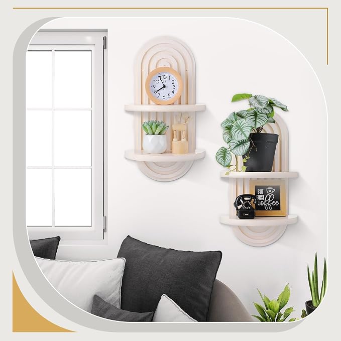 2 Pcs Boho Wall Shelf Rainbow Arch Wooden Floating Shelf Mid Century Bohemian Hanging Holder Double Vintage Wall Mount Altar Decor for Nursery Bedroom 15.75 x 6.69 Inches(White)