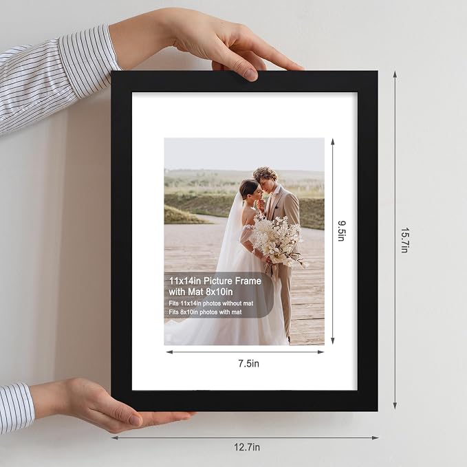 Hongkee 11x14 Picture Frame Set of 4, Made of Glass and Black Wooden Frame, Display 8x10 Pictures with Mat or 11 x 14 Posters without Mat for Wall Mounting, Gallery Photo Frames