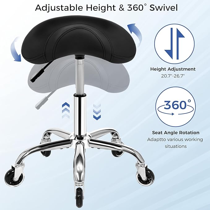 ANWBROAD Saddle Stool with Wheels Ergonomic Swivel Adjustable Rolling Stool with PU Leather Thick Wide Saddle Seat Padding Comfortable Rolling Saddle Chair for Salon Massage Clinic Black UWSS001B