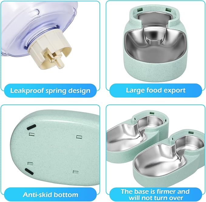 Automatic Cat Feeder and Water Dispenser with Stainless Steel Bowl Gravity Food Feeder and Waterer Set for Small Medium Dog Puppy Kitten 1 Gallon x 2(Green)