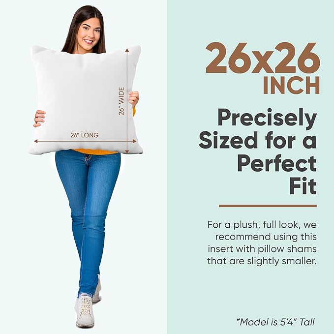 Pillowflex Synthetic Down Pillow Insert 26x26 in - Karate Chop Pillow | Set of 2 - Large Euro Square Sham Form, Plush Polyester Cotton Blend, Cloud-Like Comfort, Clump-Resistant Fill, Smooth Finish