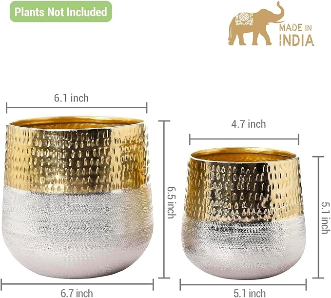 MyGift Hammered Brass and Silver Metal Planters, Handcrafted, 2 Pack | Handcrafted in India, these textured two-tone planters add an elegant metallic accent for indoor plants, flowers, and décor