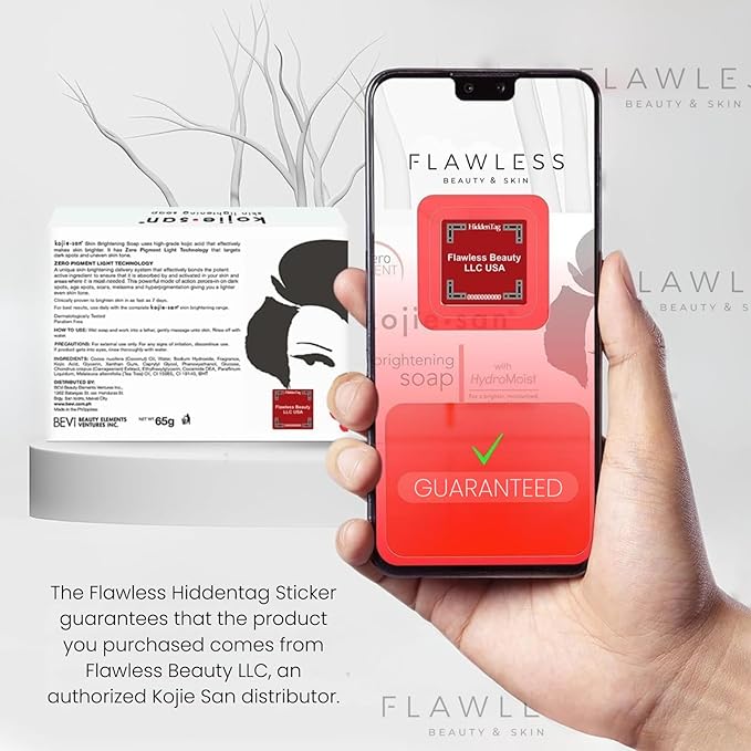 Kojie San Skin Brightening Soap – The Original Kojic Acid Soap that Reduces Dark Spots, Hyper-pigmentation, & other types of skin damage with Flawless Beauty Tag – 100g x 6 Bars