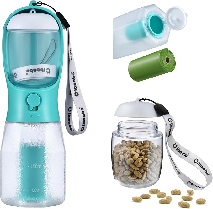 Cibaabo Dog Water Bottle with Food Container & Poop Bag Holder & Filter | Feeding & Hydration & Waste All in One | Travel Puppy Water Bowl | Portable Pet Dispenser | Dog Gifts | for Walking Beach