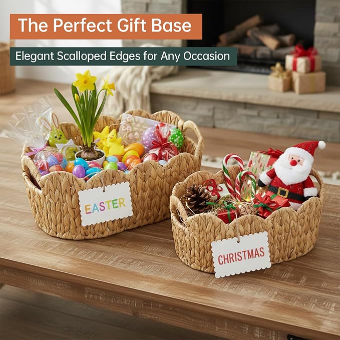 Coeusy Scalloped Basket Set of 2,Water Hyacinth Basket for Organizing and Decor,Hand-Woven Wicker Storage Baskets with Built-In Handles for Nursery,Gift