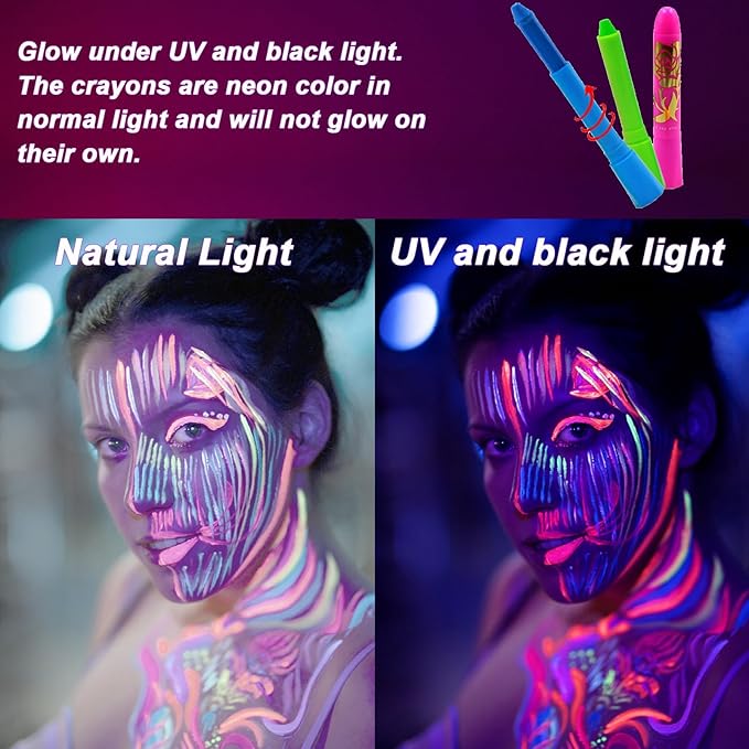 Glow in The Dark Face Body Paint,UV Black Light Makeup Neon Face and Body Paint Glow Sticks Makeup Face Painting Kits for Kids Adult, Neon Face Paint Crayons for Halloween and Parties (12 color)