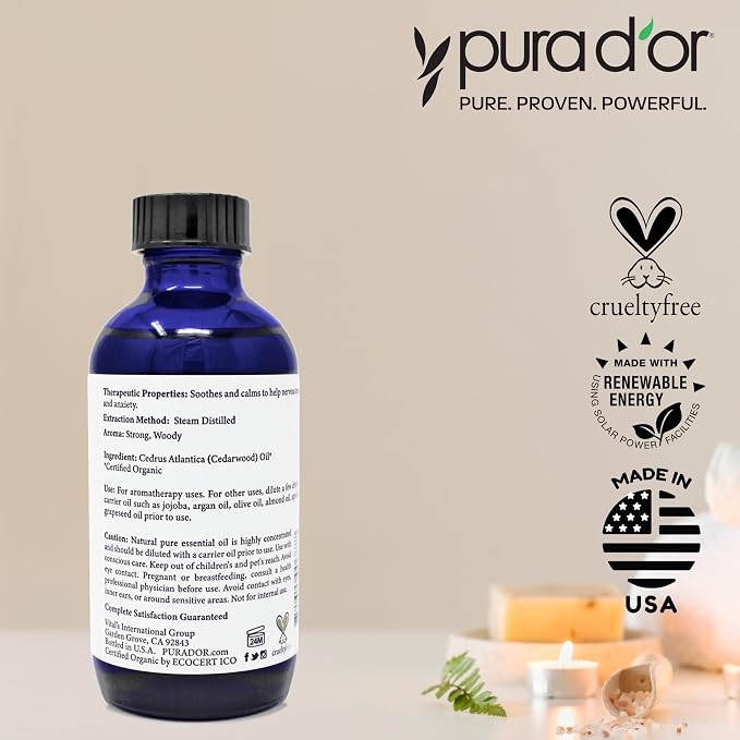 PURA D'OR Organic Cedarwood Essential Oil (4oz with Glass Dropper) 100% Pure & Natural Therapeutic Grade for Hair, Body, Skin, Aromatherapy Diffuser, Relaxation, Massage, Odors, Home, DIY Soap