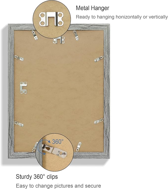 Hongkee 11x15 Picture Frame Set of 4, Made of Real Glass and Grey Frame - Display Picture 10x14 with Mat or 11x15 Without Mat, 11 by 15 Photo for Wall Mounting