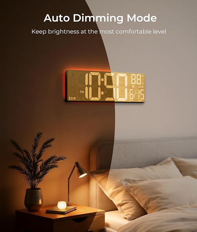 EASYERA 16.5" Large Digital Wall Clock BT Sync, 11 Scenes Mode Beige Clock | Remote Control, Big LED Clock with Dual Alarms, Auto DST, Temperature for Classroom Gaming