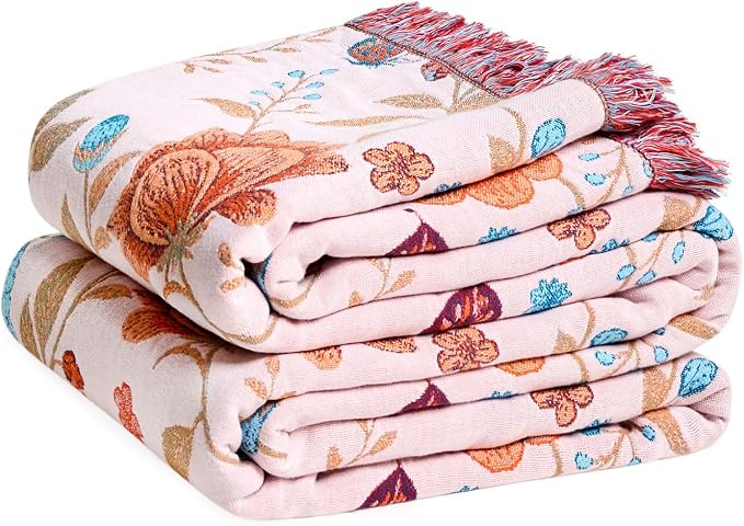 LUTBM Boho Throw Blanket for Couch 50"x60", Cotton Decorative Bed Throw | Reversible Floral Butterfly Jacquard, All-Season Muslin Blanket, Lightweight Throws, For Chair Sofa Bedroom Living Room Decor