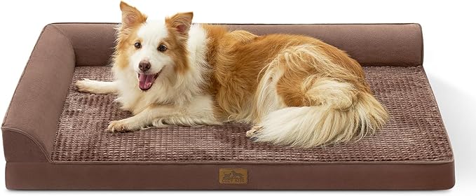 COZY KISS Orthopedic Dog Bed for Extra Large Dogs, L Shaped XL 44x32 inch | Non-Slip Bottom Soft Pet Sofa with Washable Removable Waterproof Cover, Egg-Crate Foam Couch with Portable Handle, Brown