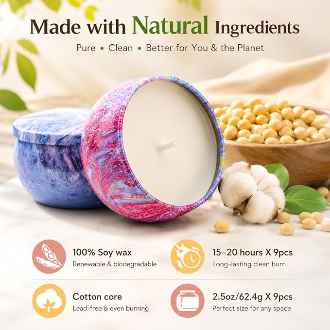 Scented Candles Gifts Set for Women, 9 Pack Aromatherapy Candles Pack Soy Wax with Essential Oil Include Lavender, Jasmine and Vanilla for Bridesmaid, Birthday, Valentine's, Mother's Day, Bath, Yoga
