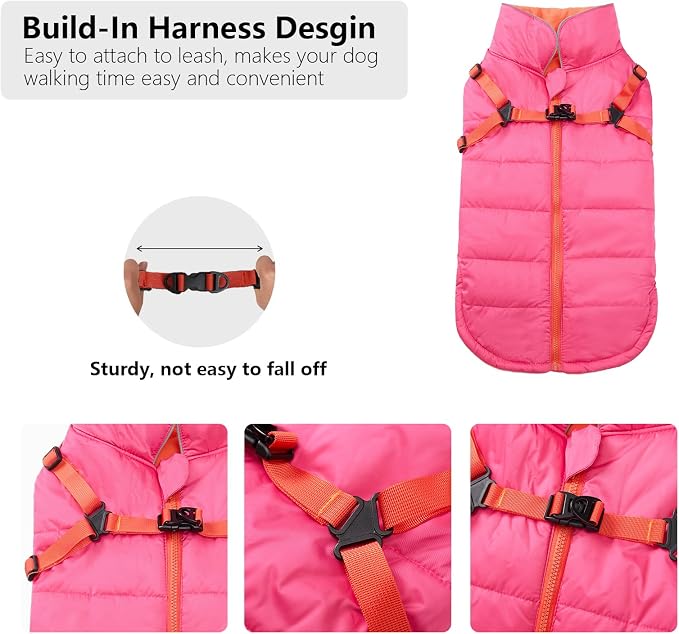 Geyecete Winter Warm Coat Waterproof Dog Winter Jacket with Harness Traction Belt,Windproof Pet Outdoor Jacket Dog Autumn-Pink-M