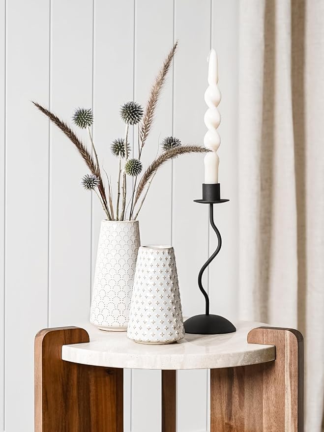 Ceramic Vase for Decor, 6 Inch+7.1 Inch White Flower Vase for Lego Flowers, Tulip and Pampas Grass, Embossed Farmhouse Vases for Centerpieces,Home Living Room Dining Table Office Decor, Arctic White