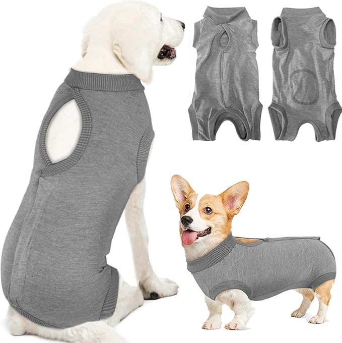 Lukovee Recovery Suit for Dogs, Onesie Spay Neuter Surgery Suit Female Male | Soft Cotton, Easy On Off, Abdominal Wounds Prevent Licking, Prevent Licking Wounds, Cone E-Collar Alternative (Grey, S)