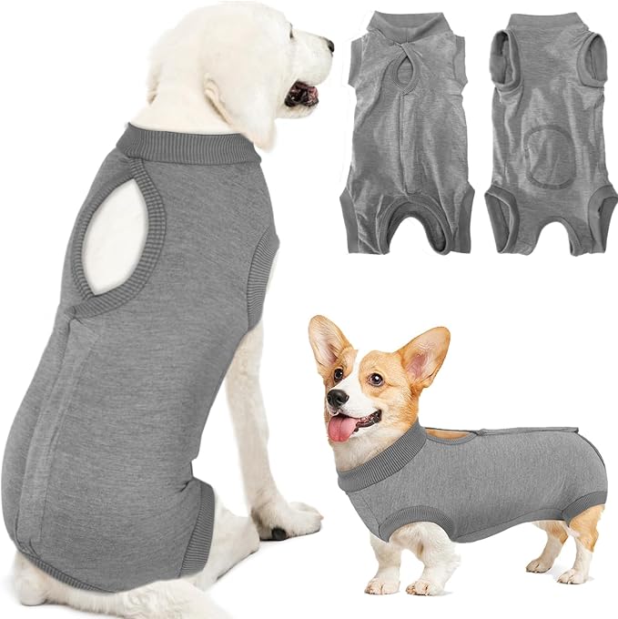 Lukovee Recovery Suit for Dogs, Onesie Spay Neuter Surgery Suit Female Male | Soft Cotton, Easy On Off, Abdominal Wounds Prevent Licking, Prevent Licking Wounds, Cone E-Collar Alternative (Grey, L )