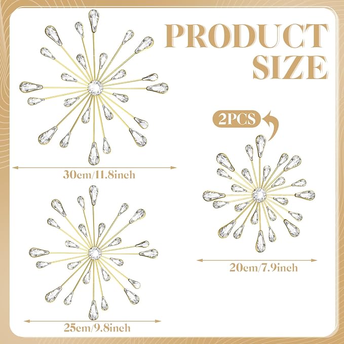 Hicarer 4 Pcs Starburst Wall Decor Bling Wall Art Crystal Teardrop 3D Hanging Rhinestone Radial Metal Artwork Modern Accent Sculptures Decorations for Living Room Home Office Bedroom(Gold)