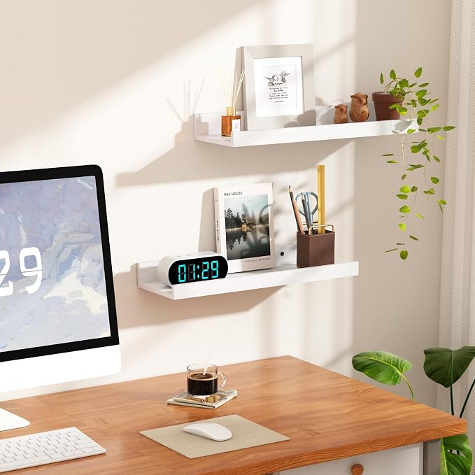 upsimples Floating Shelves for Wall Decor and Storage, White, 6Pcs 15.7'' | Wall Mounted Wood Shelves for Living Room, Bedroom, Bathroom, Kitchen, Office, Laundry Room Display and Organize