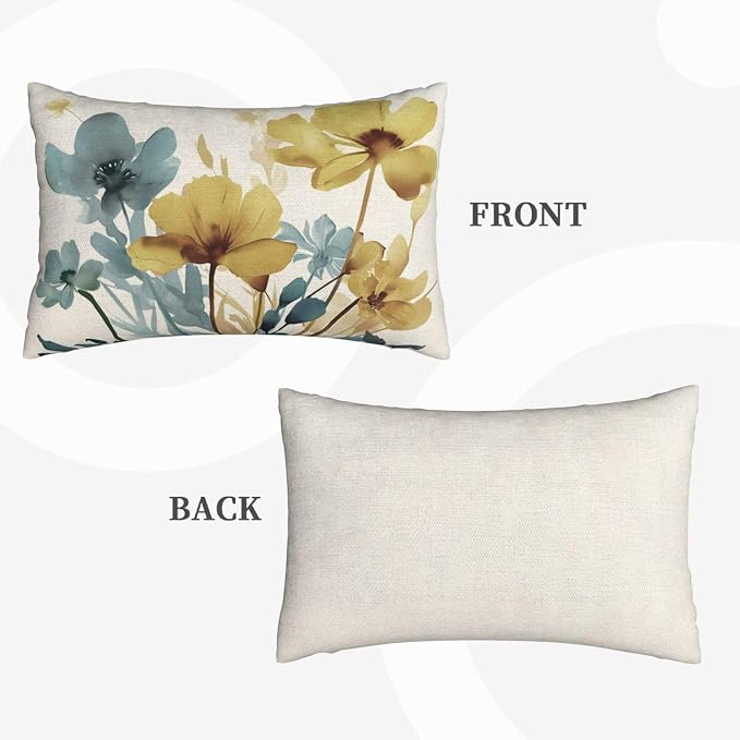 Spring Floral Pillow Covers 12x20 Inch Set of 2 Blue Yellow Floral Throw Pillow Cover Outdoor Modern Summer Flower Decoration Pillowcase Farmhouse Decorative Linen Cushion Cover For Sofa Couch