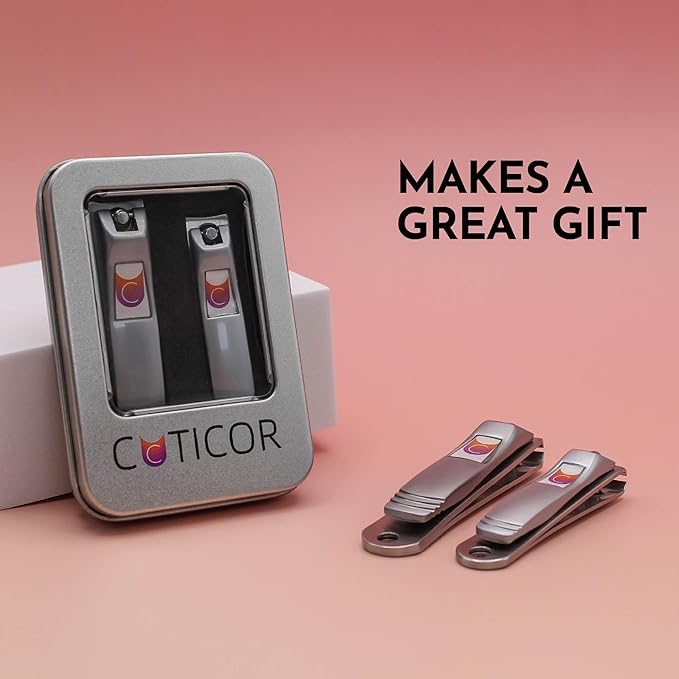 CUTICOR Nail Clipper Set - Set of 2 Fingernail and Toenail Clippers with Tin Travel Case - Ultra Sharp Stainless Steel Nail Clippers for Men and Women - Heavy Duty Nail Clippers for Thick Nails