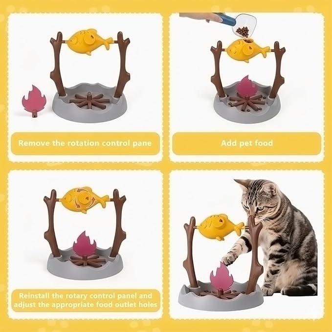 Cat Slow Feeder, Interactive Cat Puzzle Toy Treat Dispenser - BBQ Campfire Grill Design, Adjustable Rotating Fish Flame Mental Stimulation Food Dispensing Toy for Indoor Cats Kittens-Fat Fish