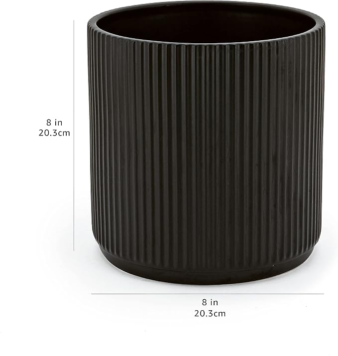 Amazon Basics Fluted Ceramic Planter Pot for Indoor Outdoor Plants, Round Flower Pot with Drainage Hole, 8-inch, Black