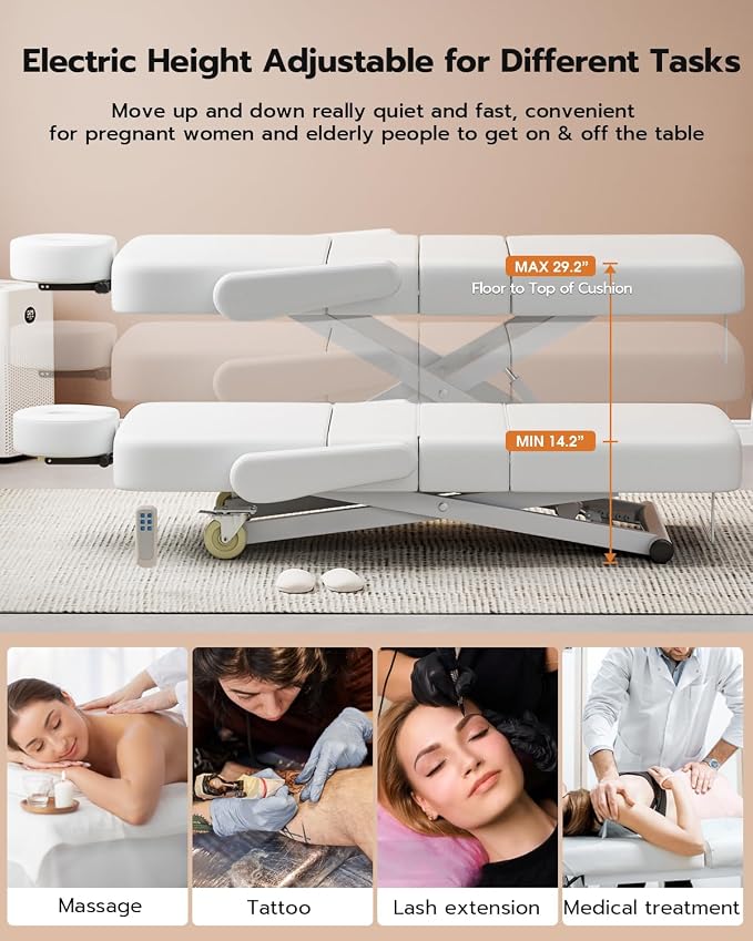 Paddie 3 Motor Fully Electric Massage Table Professional with Face Cradle, Customized Angle Folding, 550lbs Height Adjustable with Rolling Wheels, White