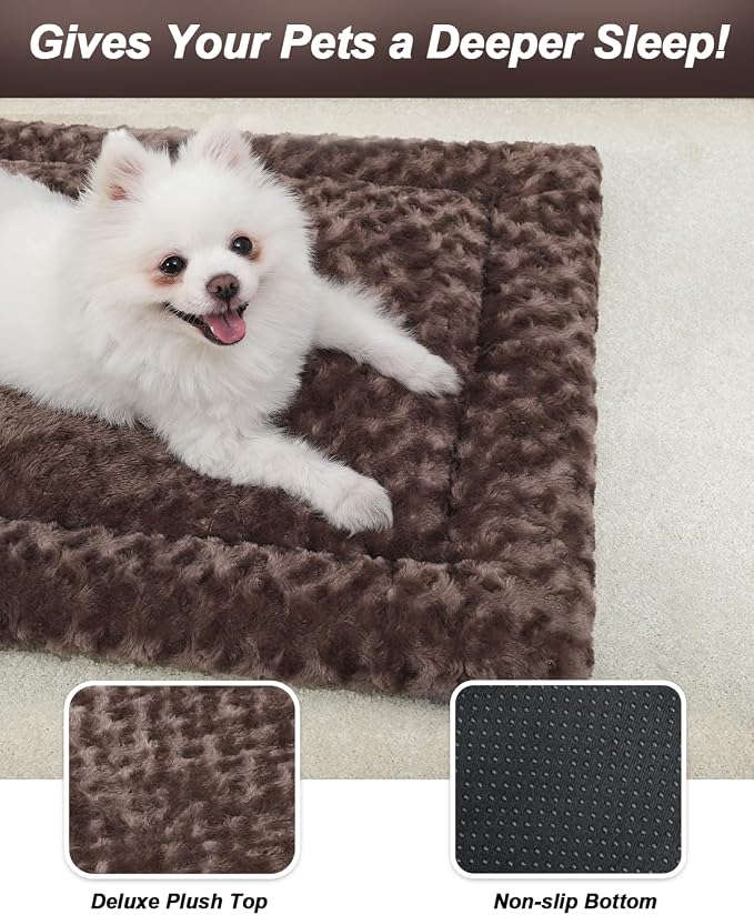 Exsnugy Washable Dog Bed Mat Large Size Fluffy Pet Crate Pad 48x30 XXL | Non-Slip Bottom Kennel Beds Ultra Soft Comfy Sleeping Mattress for Large Medium Small Dogs Brown