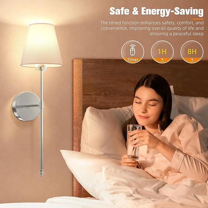 19.9 inch Battery Operated Wall Sconce Set of 2,Brushed Nickel Rechargeable Wall Lights with 10400mAh Dimmable Detachable Bulbs and Remote,10 Colors Wireless Sconces for Bedroom Living Room