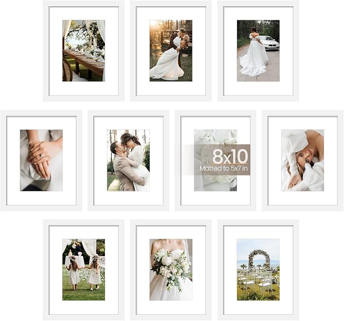 upsimples 8x10 Picture Frame Set of 10, Display Pictures 5x7 with Mat or 8x10 Without, Multi Photo Frames Collage for Wall or Tabletop Display, White | Fit 5x7 and 8 x 10 Photos, Wall or Tabletop Display, For Gallery Hallway Living Room, For Christmas ...