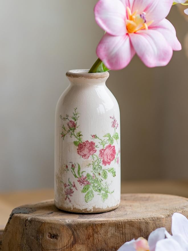Ceramic Rustic Farmhouse Vase, Distressed Flower Vase for Home Decor, Ideal Shelf Decor, Boho Vase for Living Room Bedroom Kitchen Office Decor Centerpiece Table Decorations (6 inches)