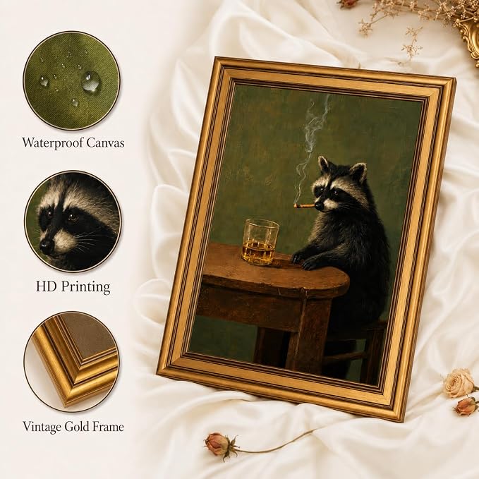 Gold Framed Raccoon Canvas Wall Art,Funny Animal Picture Wall Decor 24x16in | Rustic Man Cave Art, Moody Animal Art Print For Office, Home Bar, Cabin, Game Room, Living Room