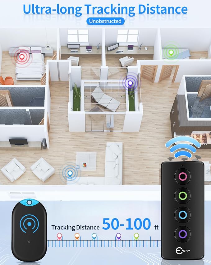 Esky Ultra Slim Key Finder Locator with 80dB Sound and 4 Receivers | Wireless Wallet Tracker and Item Locators Beeper Tags for Finding Key, TV Remote, Wallet, Pets and Phone, Gifts for Men