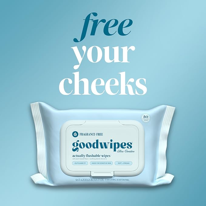 goodwipes Flushable Wipes - Unscented Butt Wipes for Adults, Septic Safe, Guest Bathroom Essentials for Women & Men, pH Balanced for Sensitive Skin - Fragrance-Free, 153 Count (3 Packs and 3 Singles)