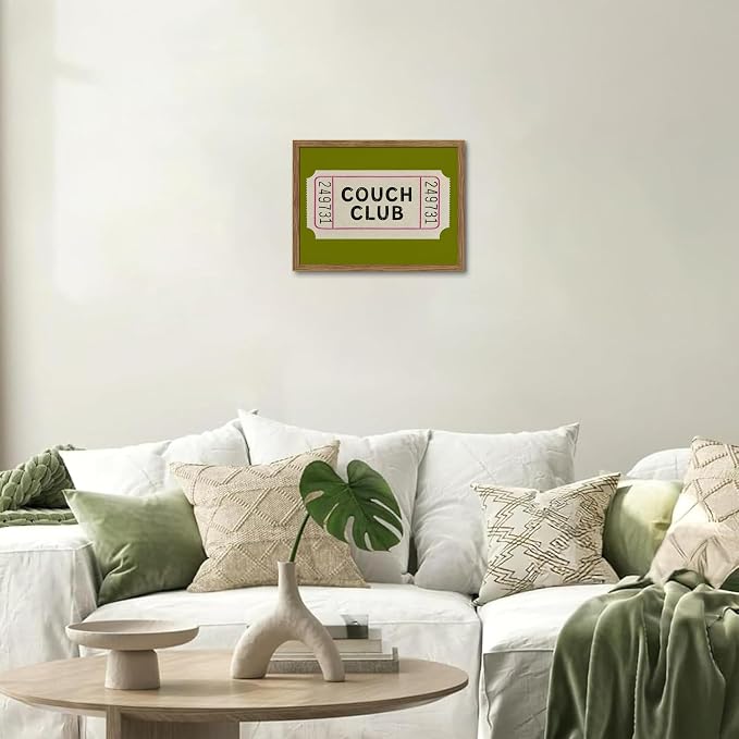 Vintage Framed Wall Art, Couch Club Ticket Canvas Wall Decor Painting, Retro Green Minimalist Quote Poster Print Picture for Living Room Bathroom Home Decor 12x16 Inch