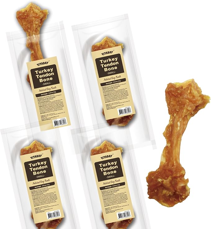 VITADAY All Natural Turkey Tendon Dog Treats Bone (S), 4-Pack | Long-lasting dog training treats, Rawhide-free made of USA-sourced turkey