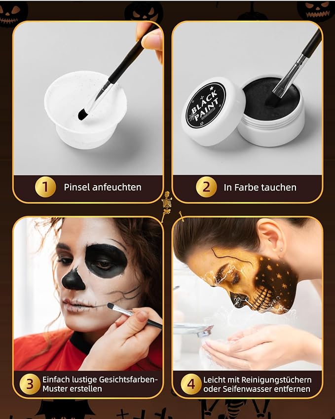 Lictin Black and White Face Body Paint with Gold Glitter Gel, Zombie Skeleton Makeup Face Paint, Professional Make Up Kit for Halloween, Costume, Cosplay, Carnivals for Adults & Kids
