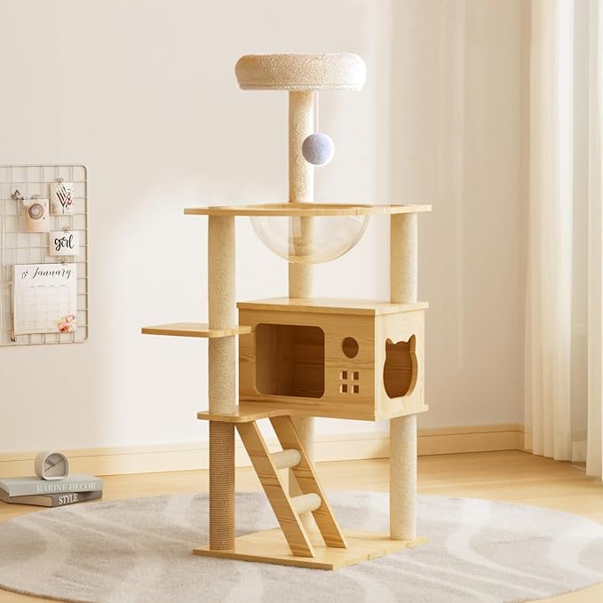 Cat Tree & Litter Box Enclosure,Modern All-in-one Indoor Cats Tower with Large Platform, Cat Condo with Wood House, Food Station, Hammocks (45.8“)