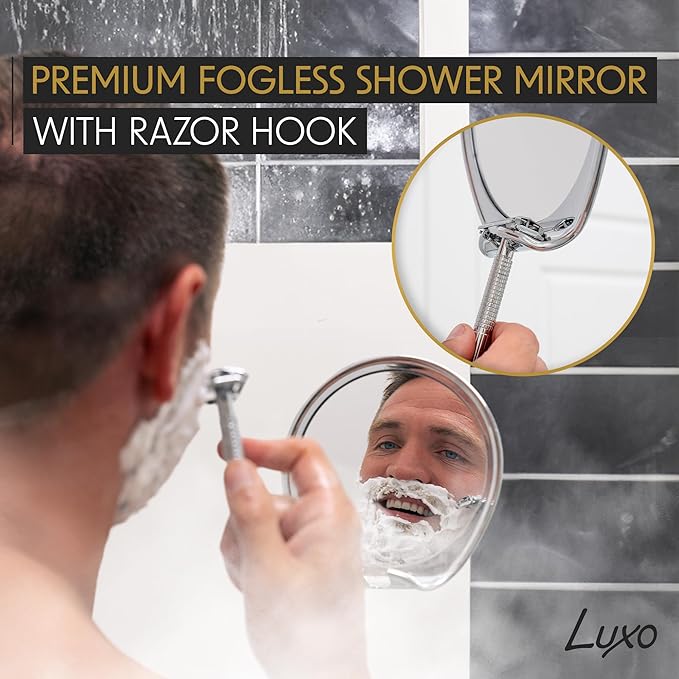 Luxo Shower Mirror, Shaving Mirror with a Razor Holder for Shower and Powerful Suction Cup - Shatterproof Shower Mirror fogless for Shaving, fogless Mirror for Shower (Chrome)