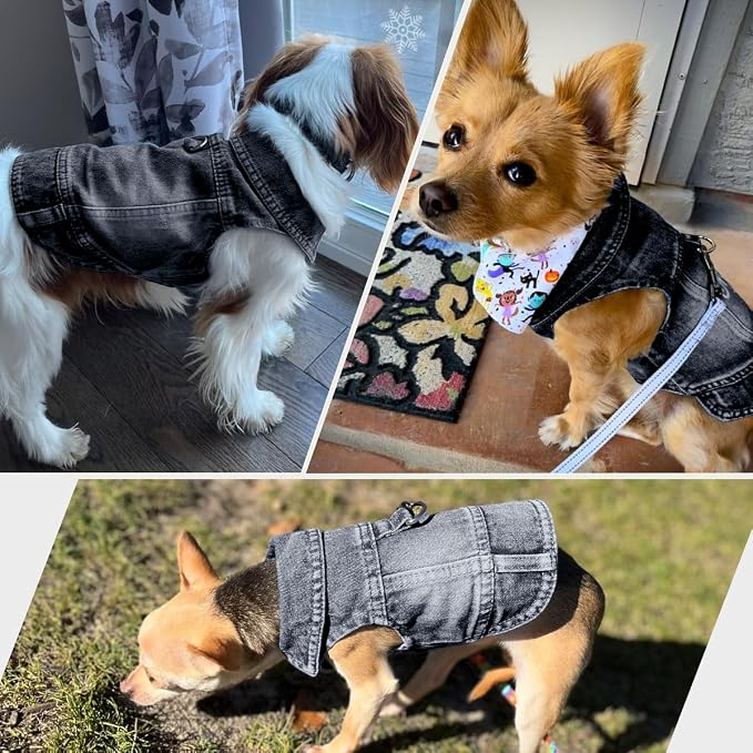 Dog Jean Jacket,Black Denim Vest for Small Pet,Cute Clothes with D-Ring | Soft Washed Cotton Denim Costume,Cool Apparel Dress Shirt for Puppy,Classic Coat Outfit for Small Dogs Cats Boy Girl
