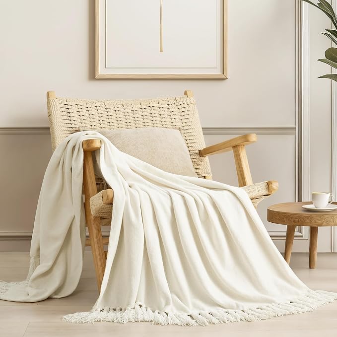 Chenille Knit Throw Blanket for Couch, 60"x80", Ivory White | Cozy Plush Fuzzy Knittd Throw with Tassels, Lightweight, Decorative, Farmhouse Decor, Ideal for Bed Sofa Gift, All Seasons