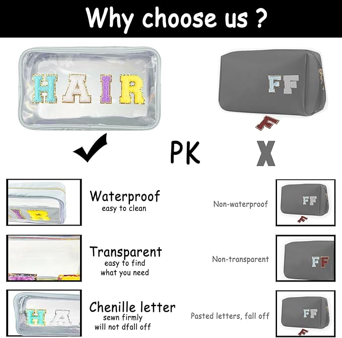 Chenille Letter Clear Makeup Bag Stuff Patch, Travel Toiletry Makeup Bag with Handle, Nylon Waterproof Makeup Bags clear cosmetic bag, preppy patch makeup bag for Women (STUFF-White)