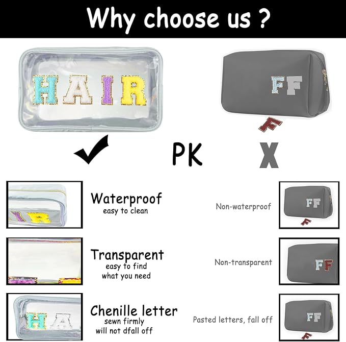 Bunliuys Chenille Letter Clear Makeup Bag Travel Patch, Travel Toiletry Makeup Bag with Handle, Nylon Waterproof Makeup Bags clear cosmetic bag, preppy patch makeup bag for Women (SNACKS-White)